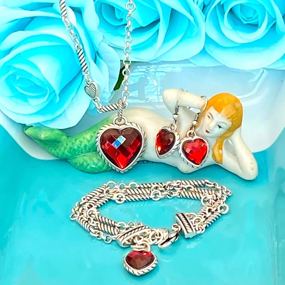 ⭐️SOLD⭐️Brighton NEWPORT Red Heart Swarovski Necklace Bracelet Earrings Silver - Picture 1 of 16